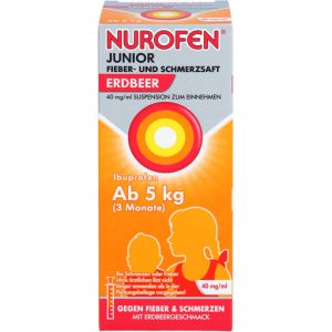 Nurofen Junior fever and pain syrup strawberry 40 mg/ml oral suspension, 150 ml solution
